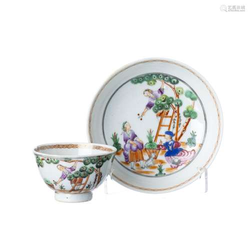 Chinese porcelain 'cherry picking' cup and saucer, Qianlong