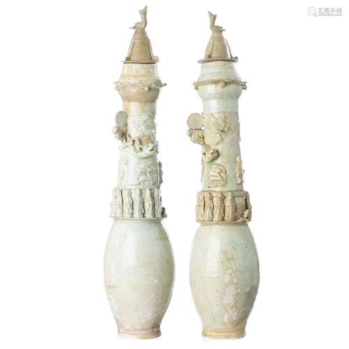 Pair of Chinese celadon ceramic urns, Song