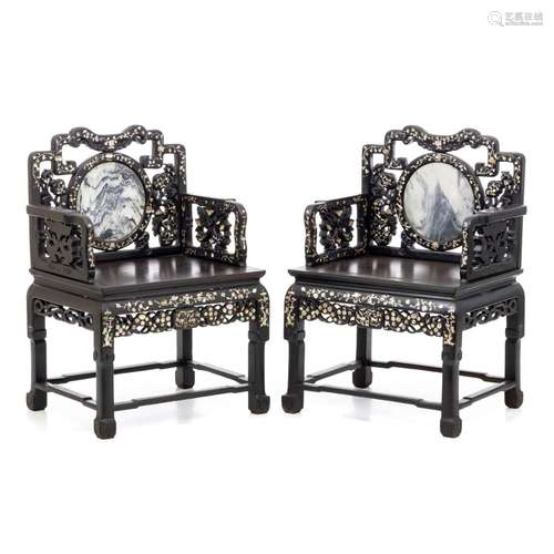 Pair of chinese hongmu armchairs with mother of pearl