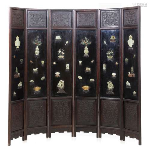 Chinese six leaf screen with jade and hardstones, Guangxu