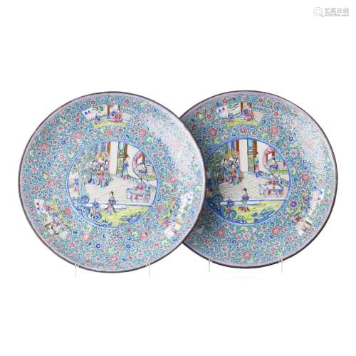Pair of large Canton enamel plates