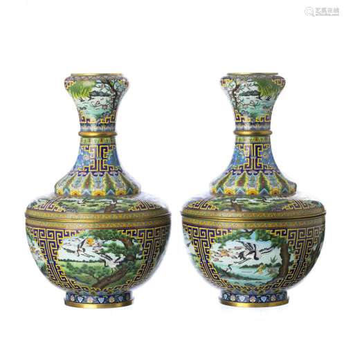 Pair of large cloisonné metal vases