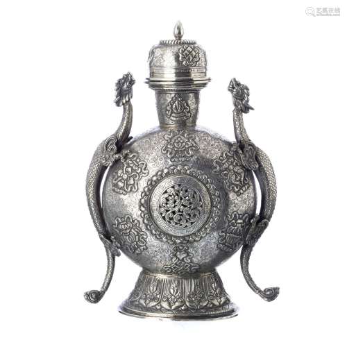 Buddhist 'auspicious symbol' Tibetan silver bottle