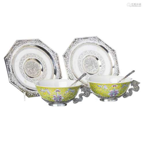 Pair of Chinese silver and porcelain bowls, Republic