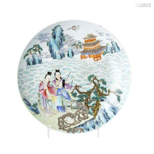 Chinese porcelain 'figures with pagoda' saucer