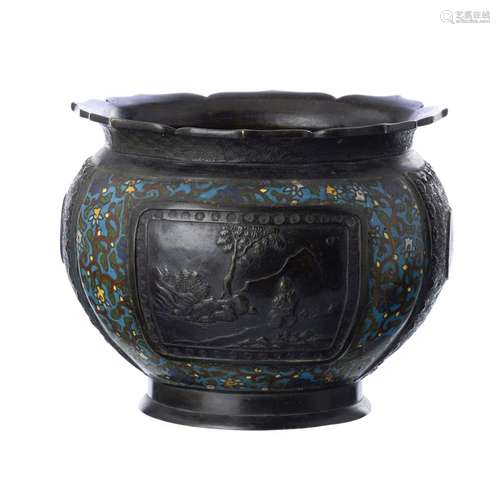 Japanese cloisonné bronze flower pot, Meiji