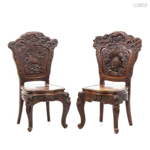 Pair of carved wooden chairs, Japan