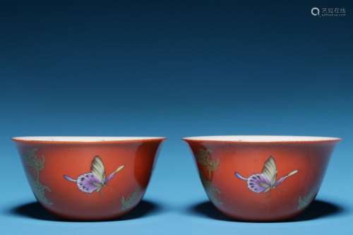 Pair of Alum Red and Gold Famille Butterfly Cups