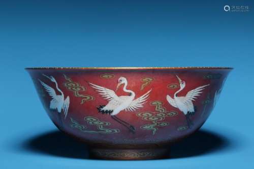 Alum red pastel cloud crane pattern bowl