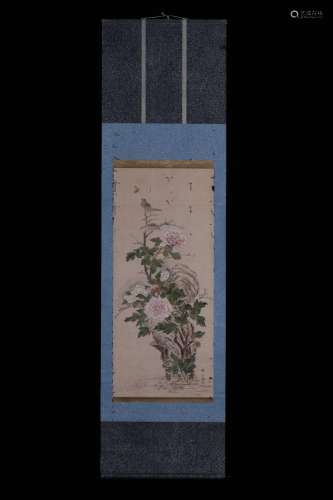 Hanging Scroll of Flowers and Birds and Rocks (worm-eaten)