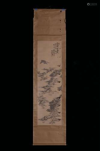 Hanging scroll of landscape and figures on paper (worm-eaten...