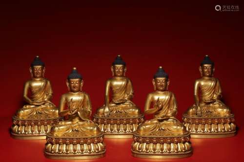 Gilt bronze five-party seated Buddha