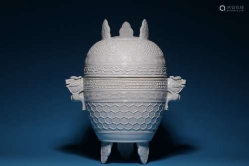 White Glaze Carved Porcelain Furnace Tripod with Brocade and...