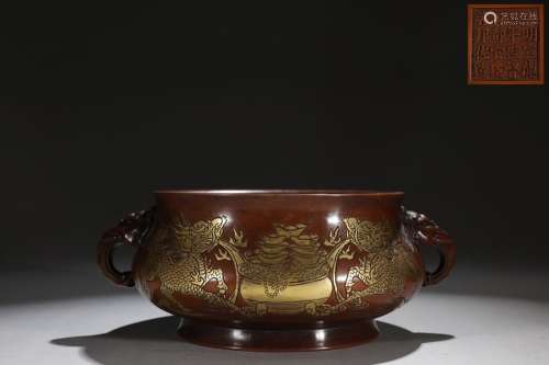 Gilt Bronze Embossed Kirin and Elephant Head Ear Censer