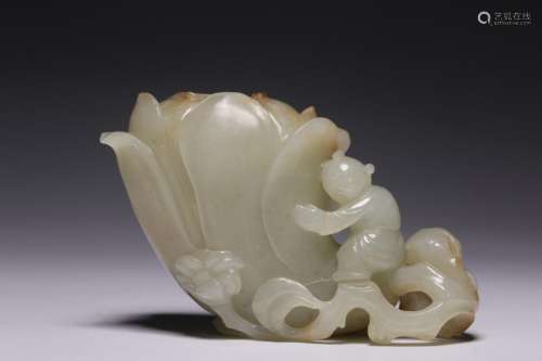 Hetian White Jade Carved Boy Magnolia Brush Wash