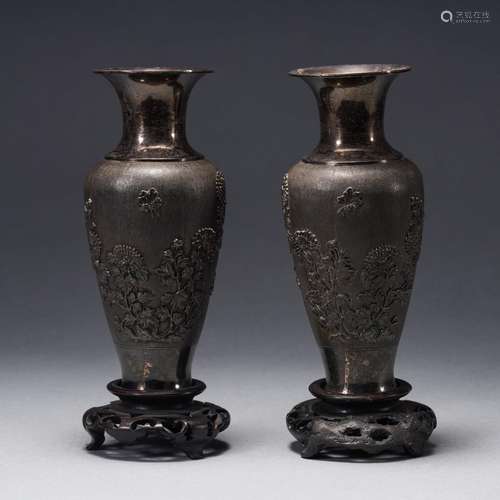 Pair Japanese Silver Vases