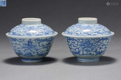 Pair Blue and White Lotus Scrolls Cup with Cover