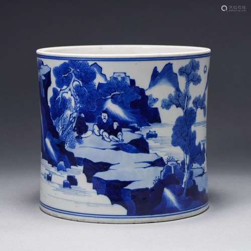 A Blue and White Landscape Brushpot