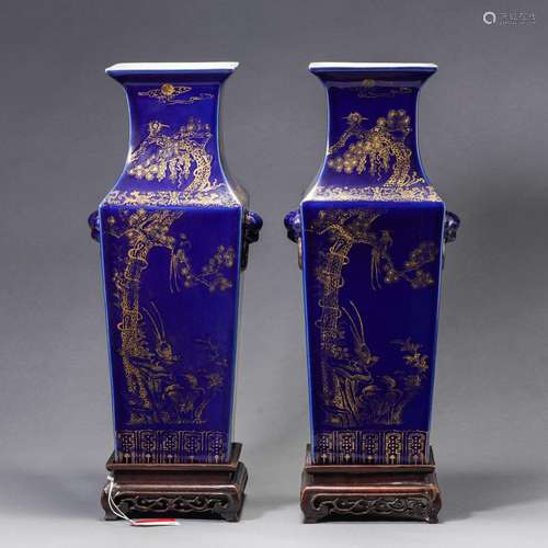 Pair Blue Ground and Gilt Vases