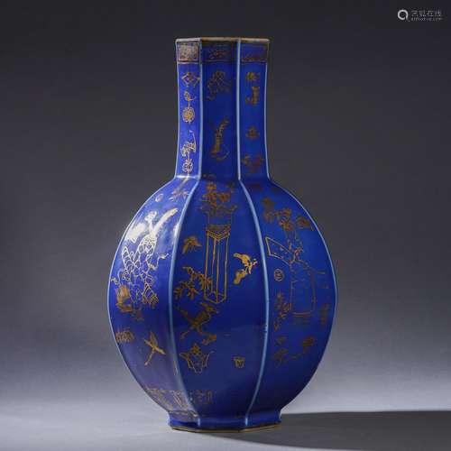 A Blue Ground and Gilt Lobed Vase