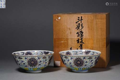 Pair Doucai Glaze Lotus Scrolls Bowls