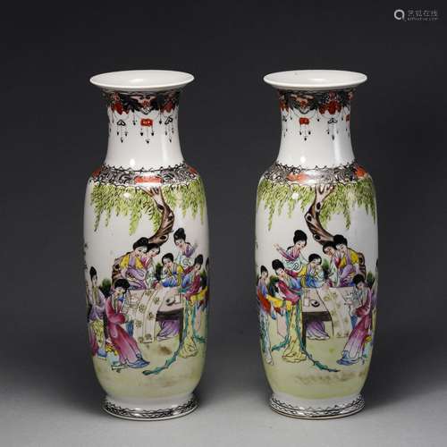 Pair Famille Rose Figural Story Vases