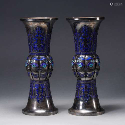 Pair Enameled Silver Beaker Vases Gu