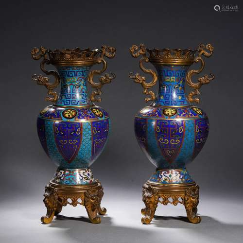 Pair Ormolu Cloisonne Enamel Vases