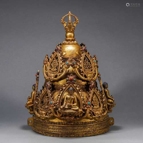 A Tibetan Hardstones Inlaid Bronze-gilt Helmet