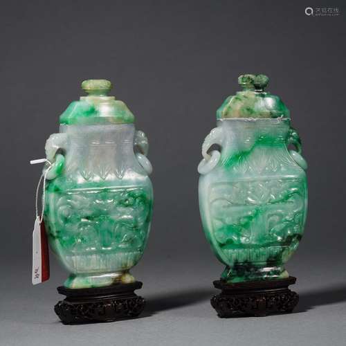 Pair Archaic Carved Jadeite Vases