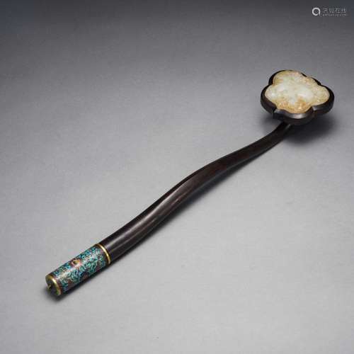 A Jade Inlaid Rosewood Ruyi Scepter