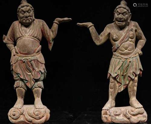 CHINESE WOOD CARVING PAINTED ARHAT LIKE A PAIR