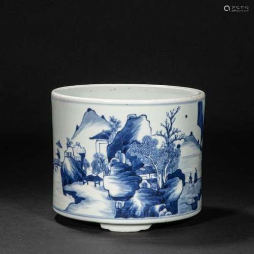CHINESE BLUE AND WHITE PEN HOLDER, QING DYNASTY