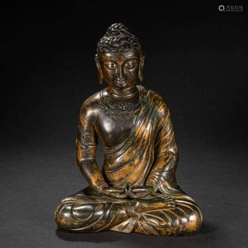 CHINESE BRONZE CLAY GOLD BUDDHA STATUE, MING DYNASTY