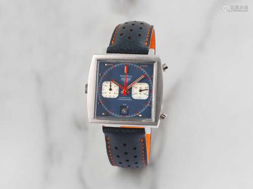 Heuer. Beau chronographe bracelet en acier de forme carrée a...