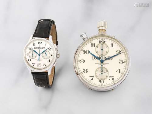 【Y】Longines. Coffret comprenant un chronographe bracelet en ...