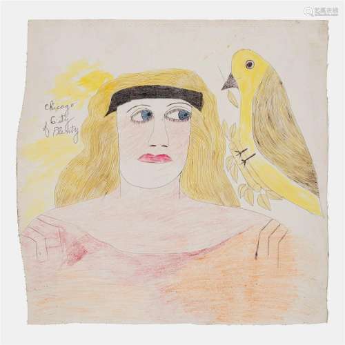 Lee Godie (American, 1908-1994) Staying Alive! (Canary on He...