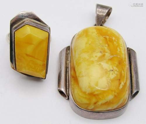 VINTAGE YELLOW AMBER STERLING JEWELRY SET: