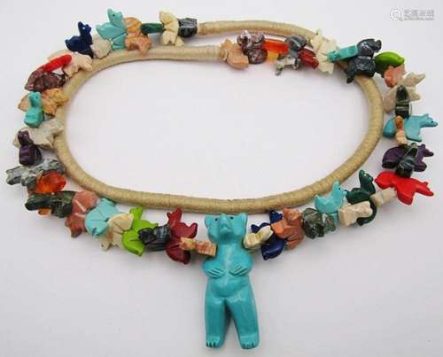 ZUNI BEAR FETISH NECKLACE WITH CARVED NATURAL