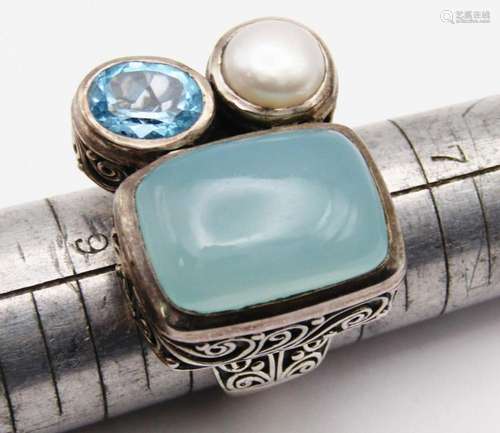 SAMUEL B STERLING RING WITH BLUE AND PEARL