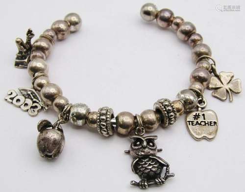 STERLING BEADED CUFF WITH (6)DANGLY CHARMS