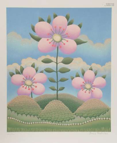 IVAN RABUZIN, PINK FLOWERS ON HILLS (6), SILKSCREEN