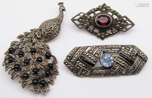 3-VINTAGE STERLING MARCASITE BROOCHES