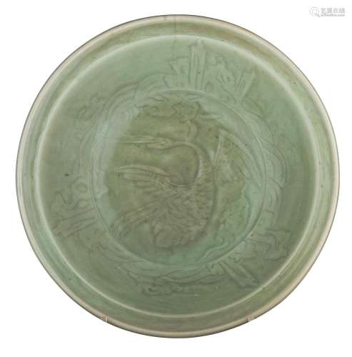 A Chinese carved Longquan celadon 'Crane' charger, Ming peri...