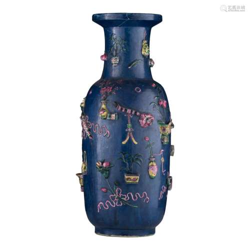A Chinese blue ground 'One Hundred Treasures' vase, 19thC, H...
