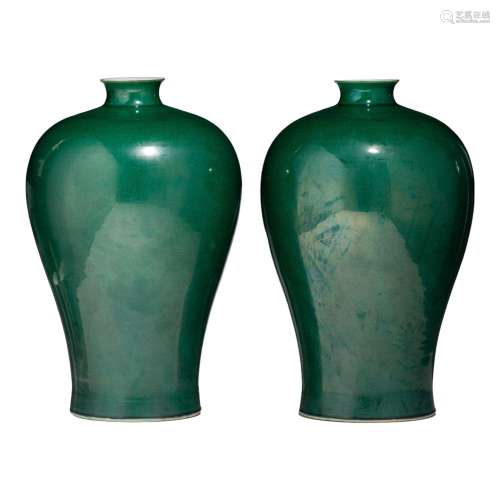 A pair of Chinese monochrome-green glazed meiping vases, wit...