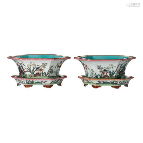 A pair of Chinese famille rose and turquoise enamelled hexag...