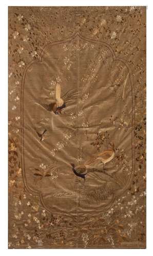 A large Chinese silk 'Pheasants' embroidery, fitted in a gla...