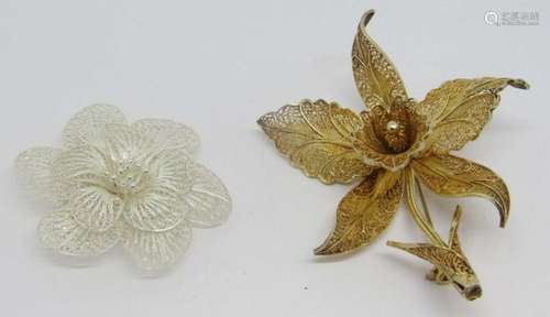 2-VINTAGE STERLING FILIGREE FLOWER BROOCHES