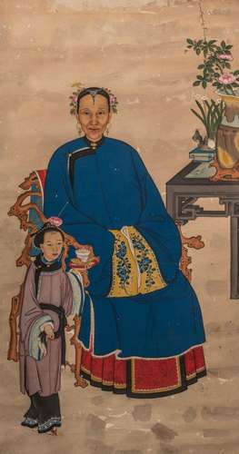 A Chinese portrait scroll, ink and watercolour on paper, 119...